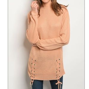 Peach Knit Pullover Sweater with Lace Up Detail